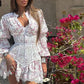 Vestido Corto Floral Cuello En V Profundo Manga Larga Con Volantes Elegante