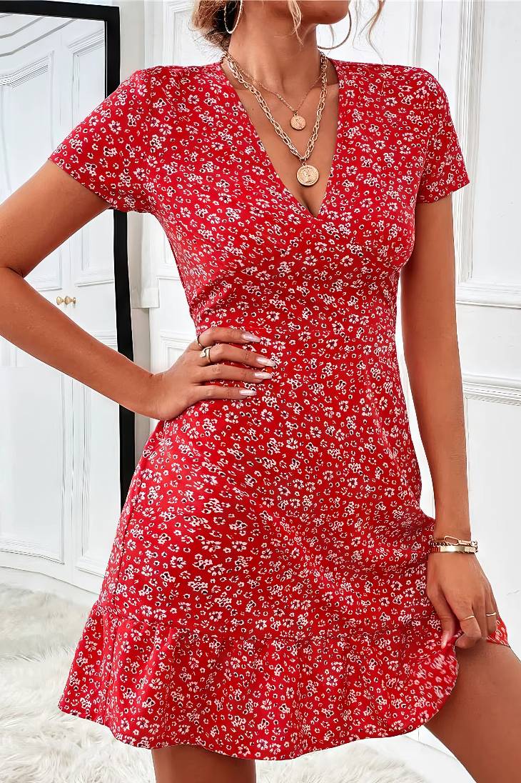 Vestido Corto Floral Escote En V Manga Corta Cintura Entallada Volante Verano