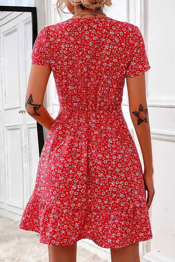 Vestido Corto Floral Escote En V Manga Corta Cintura Entallada Volante Verano