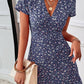 Vestido Corto Floral Escote En V Manga Corta Cintura Entallada Volante Verano