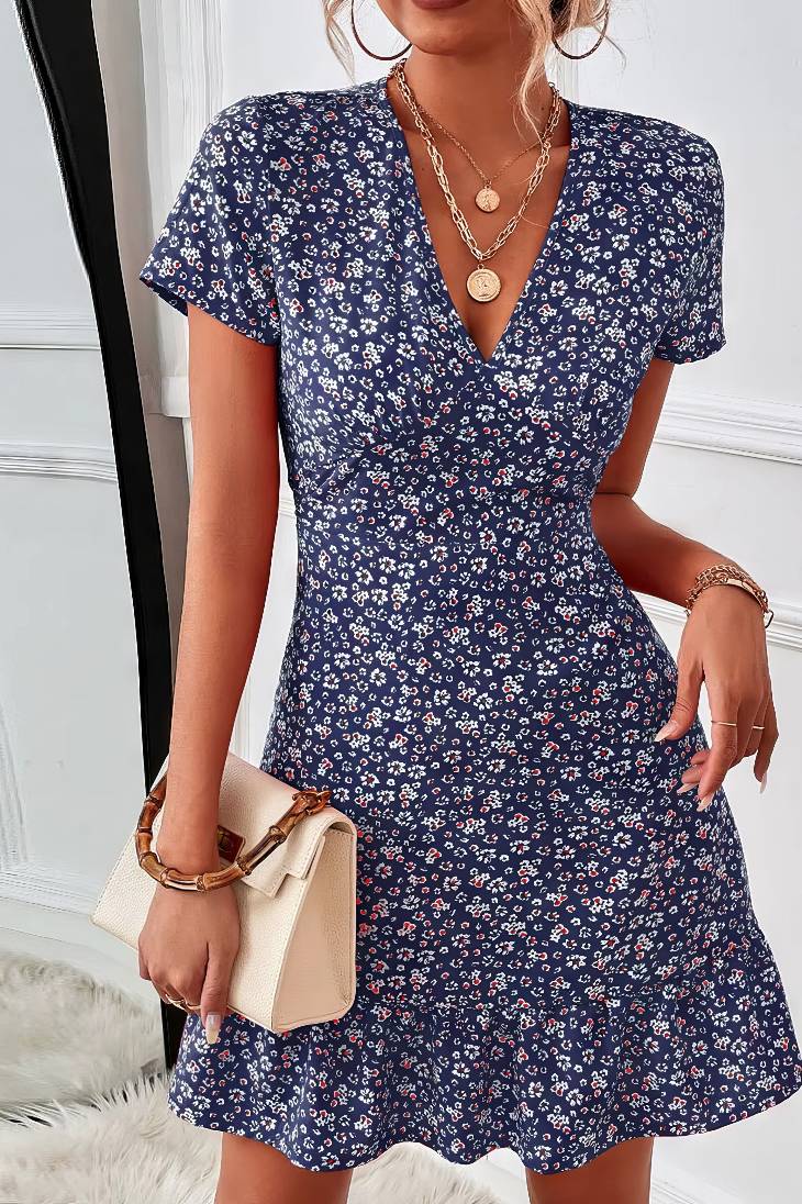 Vestido Corto Floral Escote En V Manga Corta Cintura Entallada Volante Verano