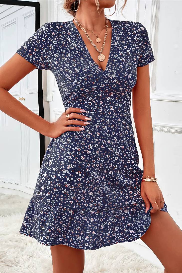 Vestido Corto Floral Escote En V Manga Corta Cintura Entallada Volante Verano