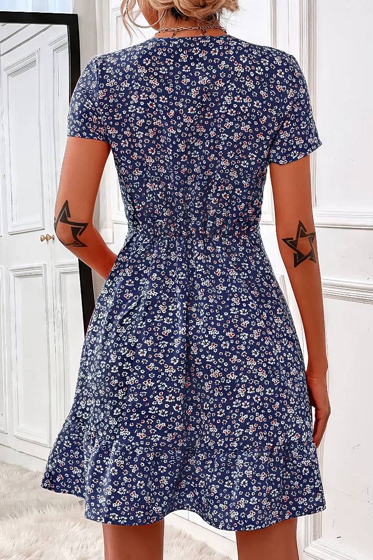 Vestido Corto Floral Escote En V Manga Corta Cintura Entallada Volante Verano