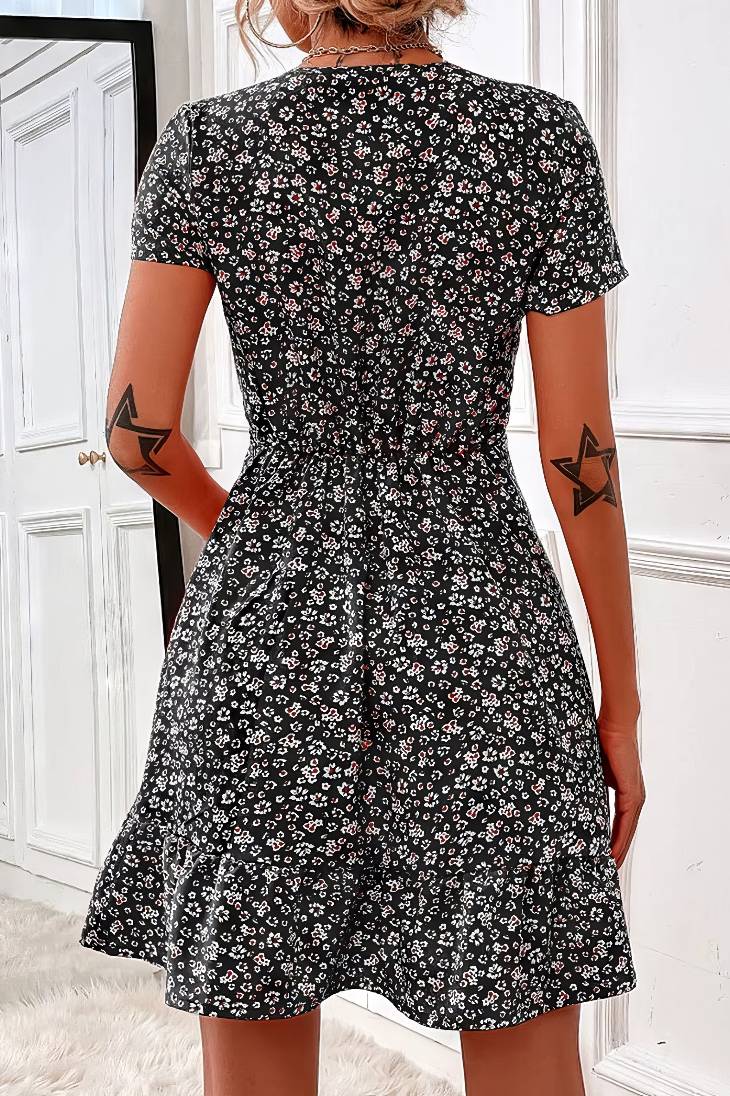 Vestido Corto Floral Escote En V Manga Corta Cintura Entallada Volante Verano