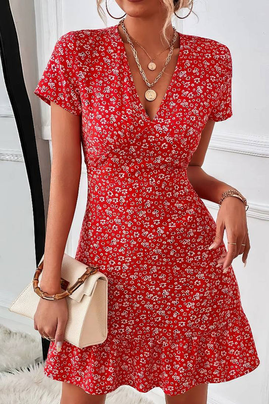 Vestido Corto Floral Escote En V Manga Corta Cintura Entallada Volante Verano