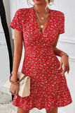 Vestido Corto Floral Escote En V Manga Corta Cintura Entallada Volante Verano