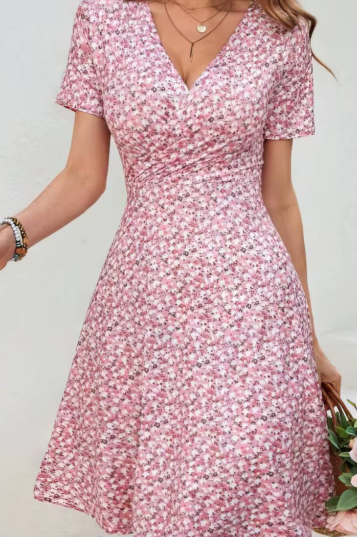 Vestido Corto Floral Rosa Cuello En V Manga Corta Cruzado Cintura Ajustada Verano