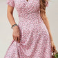 Vestido Corto Floral Rosa Cuello En V Manga Corta Cruzado Cintura Ajustada Verano