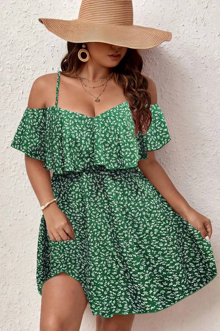 Vestido Corto Floral Talla Grande Hombros Descubiertos Manga Corta Con Volantes Boho