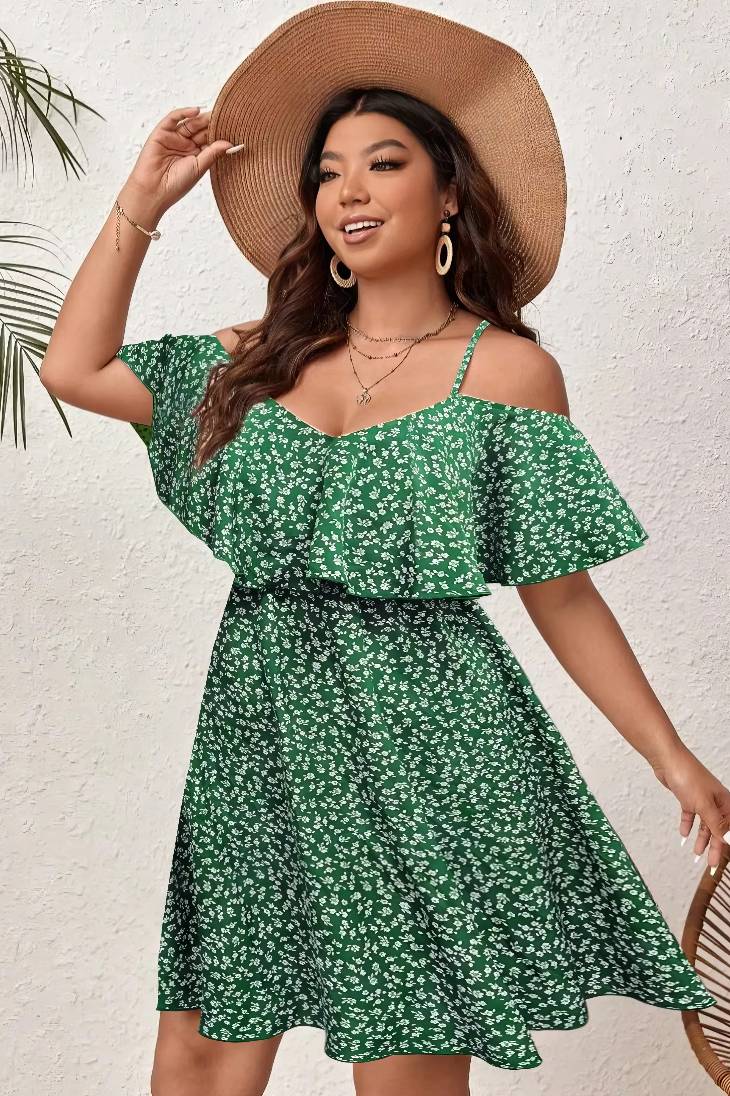 Vestido Corto Floral Talla Grande Hombros Descubiertos Manga Corta Con Volantes Boho