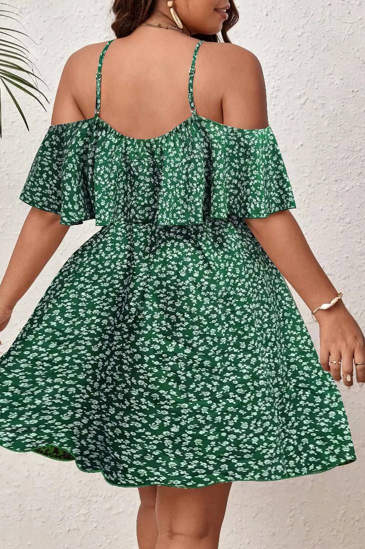 Vestido Corto Floral Talla Grande Hombros Descubiertos Manga Corta Con Volantes Boho