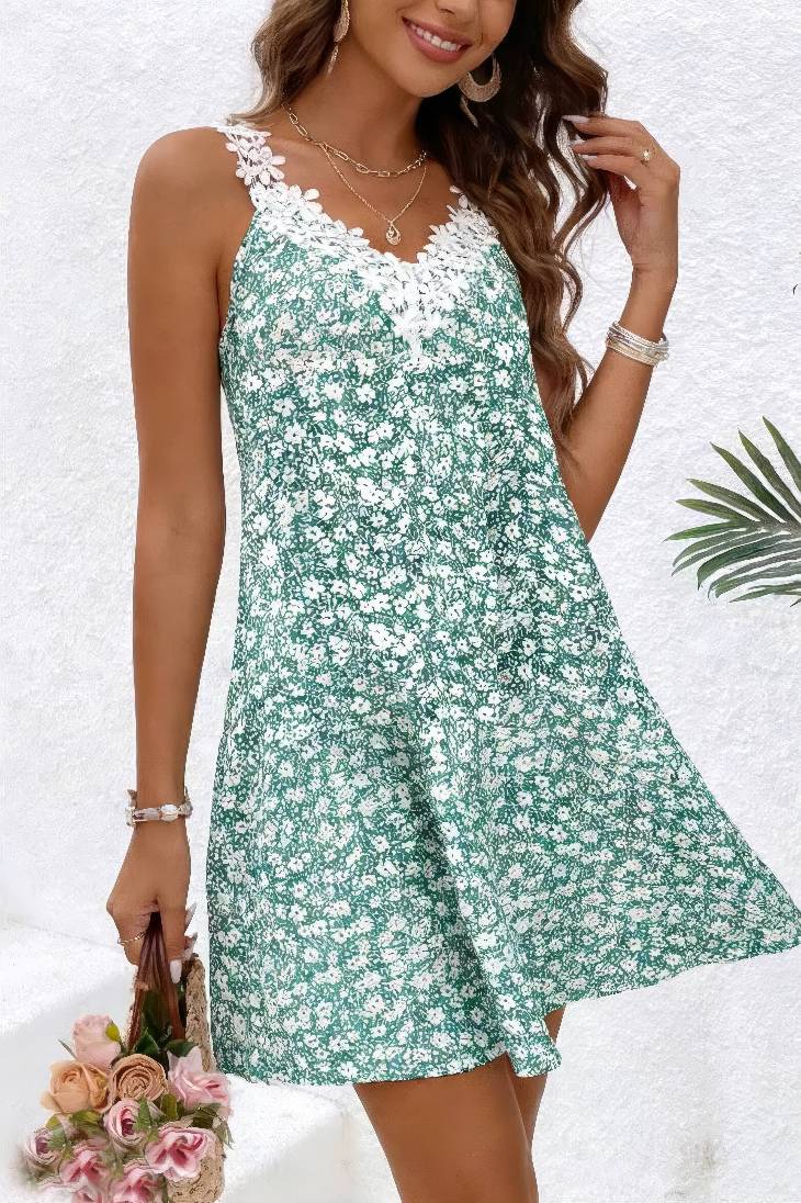 Vestido Corto Floral Verde Sin Mangas Cuello En V Con Encaje Boho Verano Playa