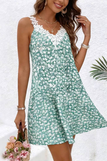 Vestido Corto Floral Verde Sin Mangas Cuello En V Con Encaje Boho Verano Playa