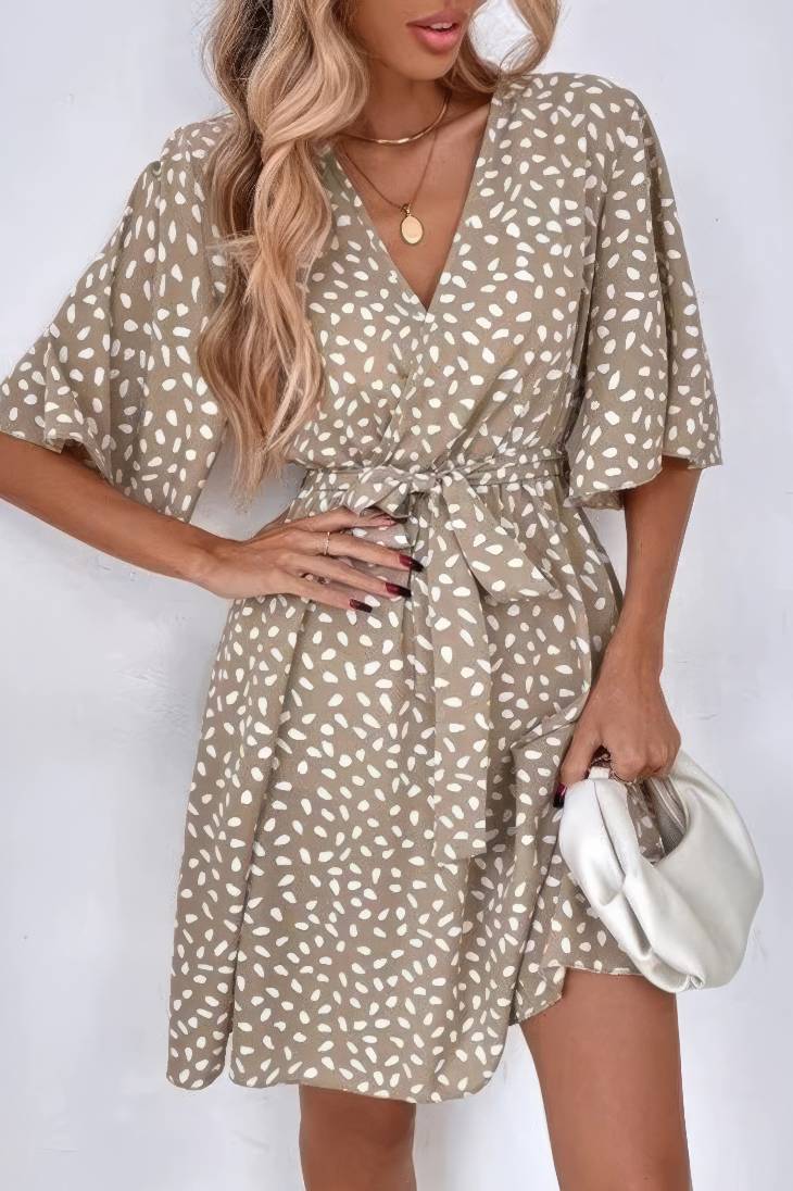 Vestido Corto Lunares Cuello En V Manga Media Cinturón Cruzado Verano Boho