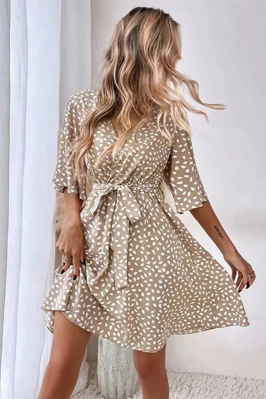 Vestido Corto Lunares Cuello En V Manga Media Cinturón Cruzado Verano Boho