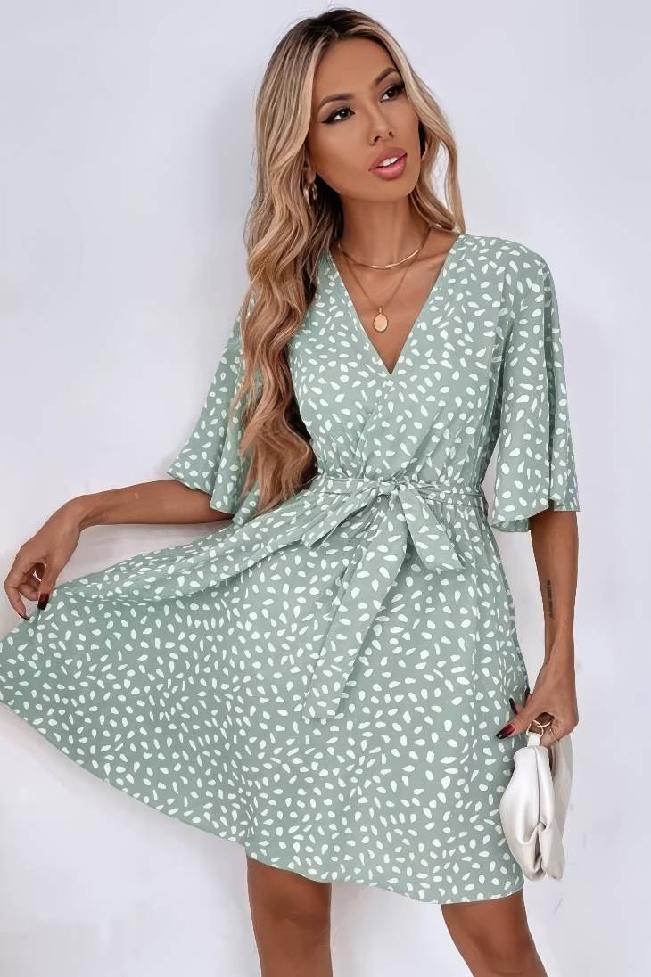 Vestido Corto Lunares Cuello En V Manga Media Cinturón Cruzado Verano Boho