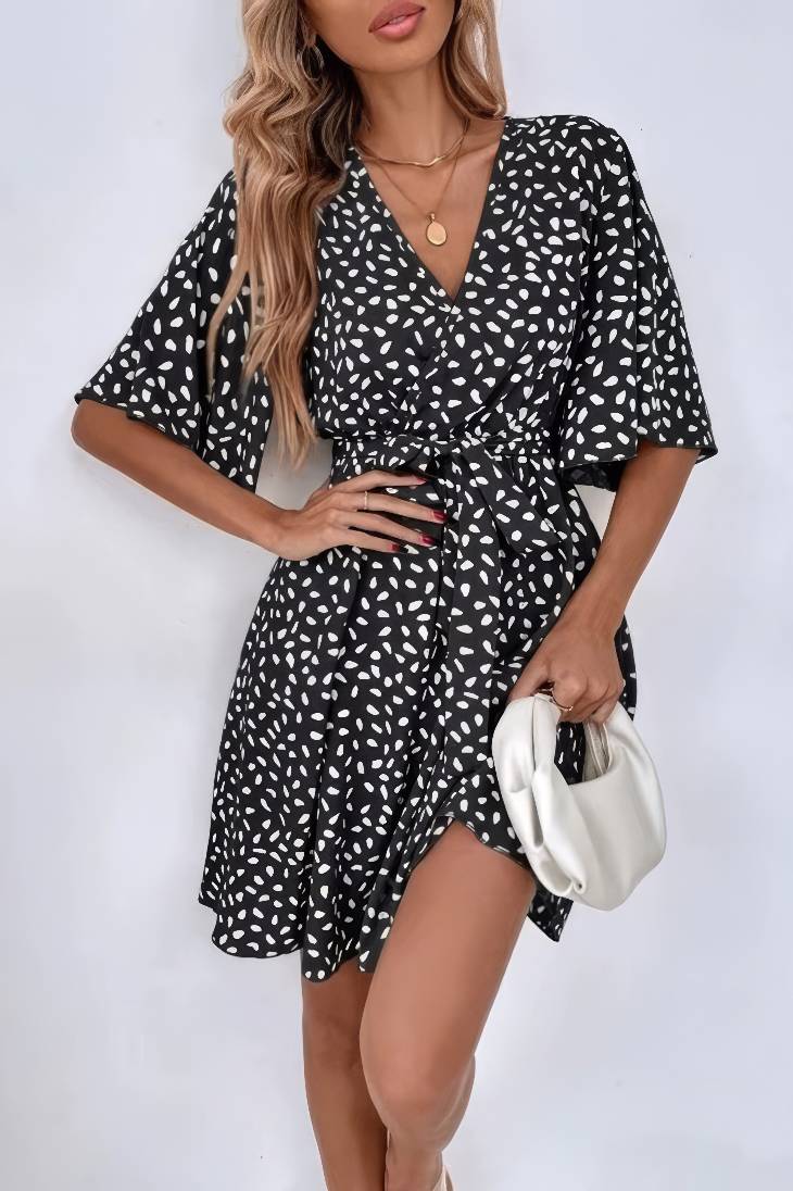 Vestido Corto Lunares Cuello En V Manga Media Cinturón Cruzado Verano Boho