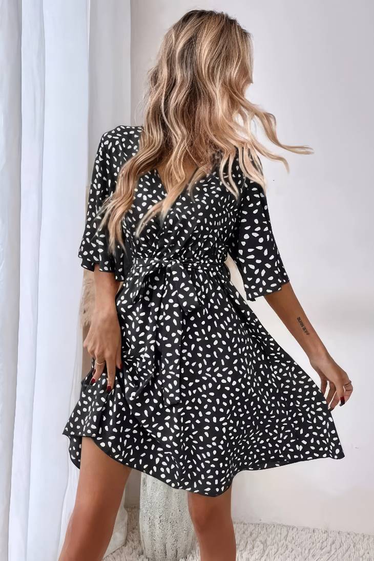 Vestido Corto Lunares Cuello En V Manga Media Cinturón Cruzado Verano Boho