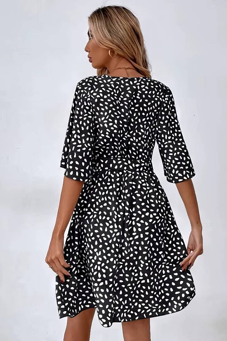 Vestido Corto Lunares Cuello En V Manga Media Cinturón Cruzado Verano Boho