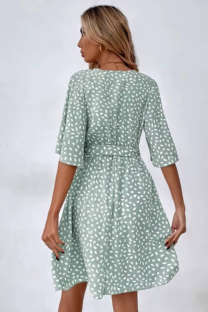 Vestido Corto Lunares Cuello En V Manga Media Cinturón Cruzado Verano Boho