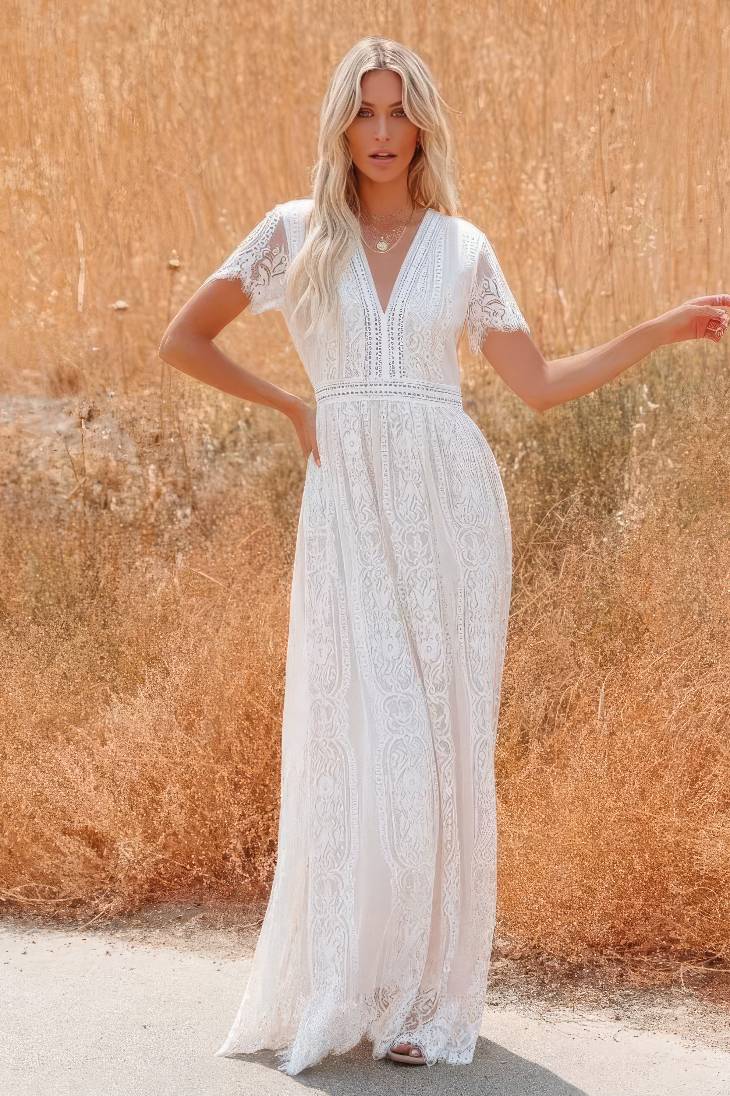 Vestido De Novia Largo De Encaje Escote En V Manga Corta Estilo Boho Elegante