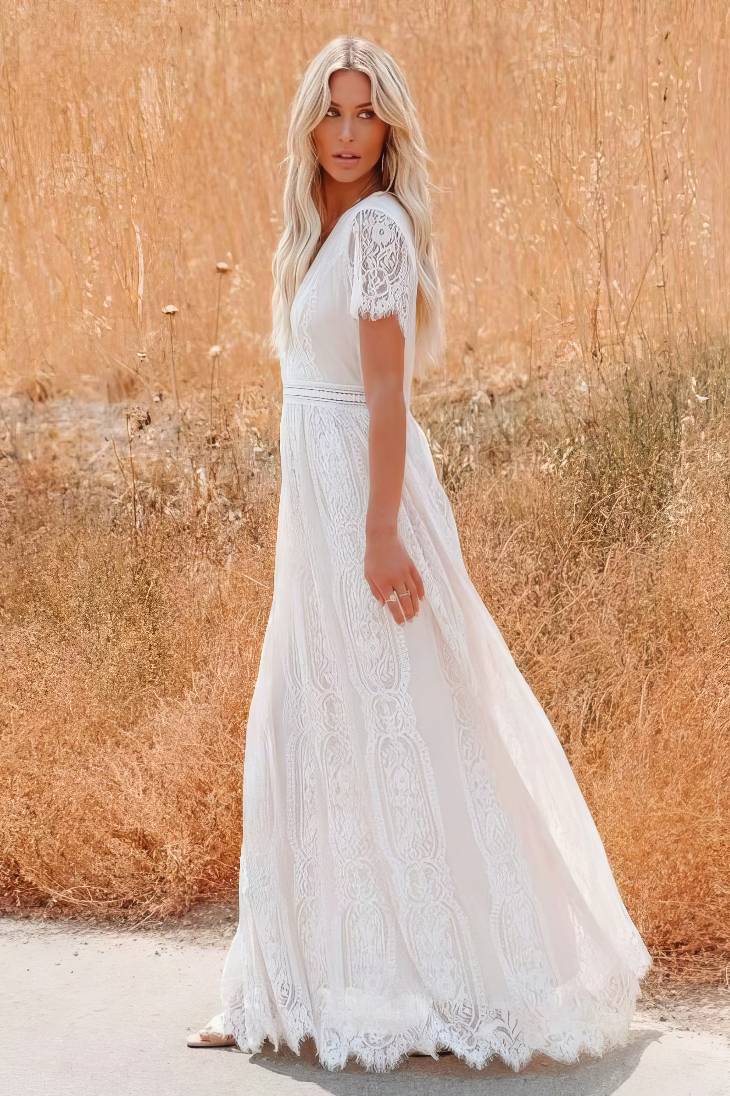 Vestido De Novia Largo De Encaje Escote En V Manga Corta Estilo Boho Elegante