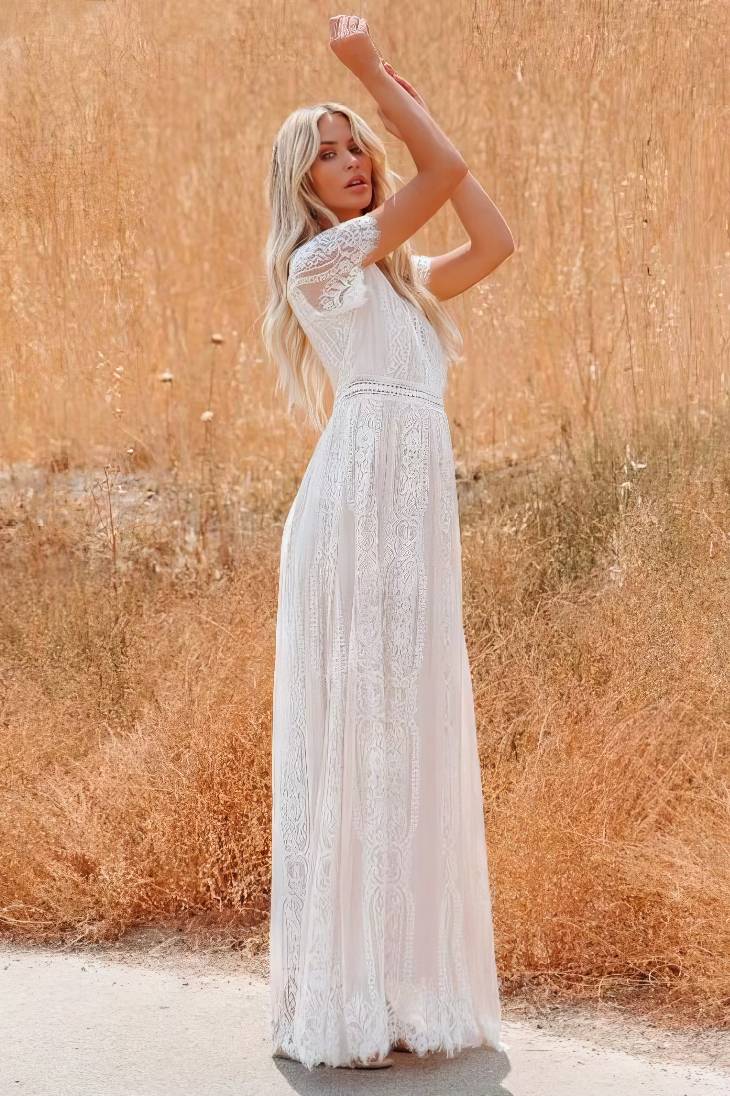 Vestido De Novia Largo De Encaje Escote En V Manga Corta Estilo Boho Elegante