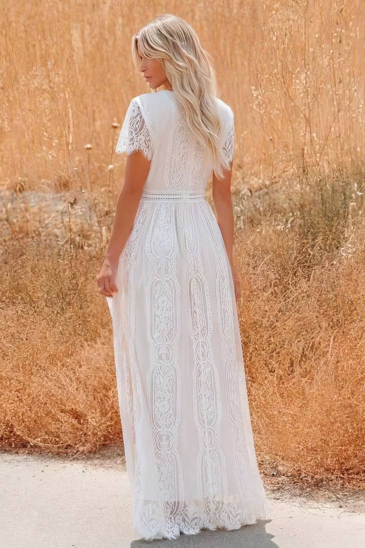 Vestido De Novia Largo De Encaje Escote En V Manga Corta Estilo Boho Elegante