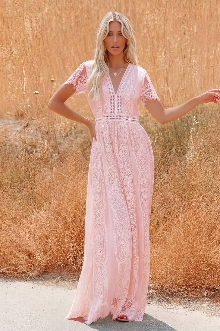 Vestido De Novia Largo De Encaje Escote En V Manga Corta Estilo Boho Elegante