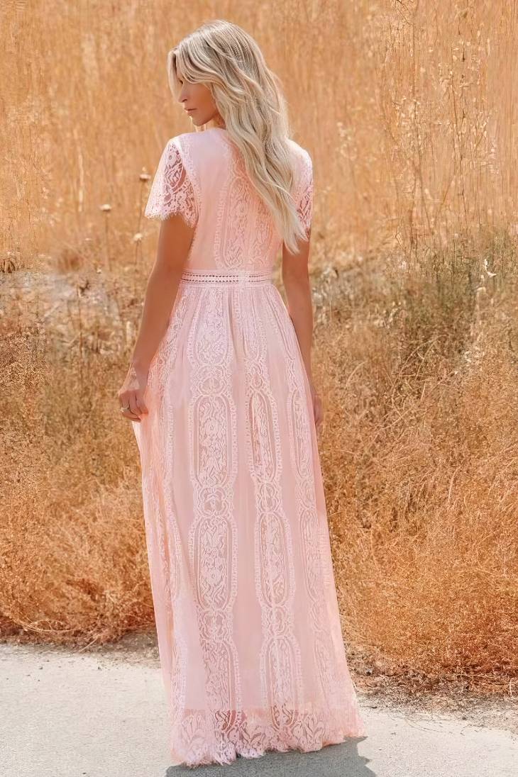 Vestido De Novia Largo De Encaje Escote En V Manga Corta Estilo Boho Elegante
