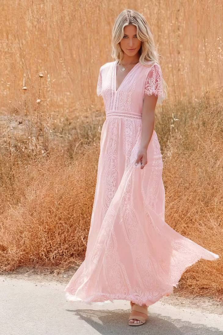 Vestido De Novia Largo De Encaje Escote En V Manga Corta Estilo Boho Elegante