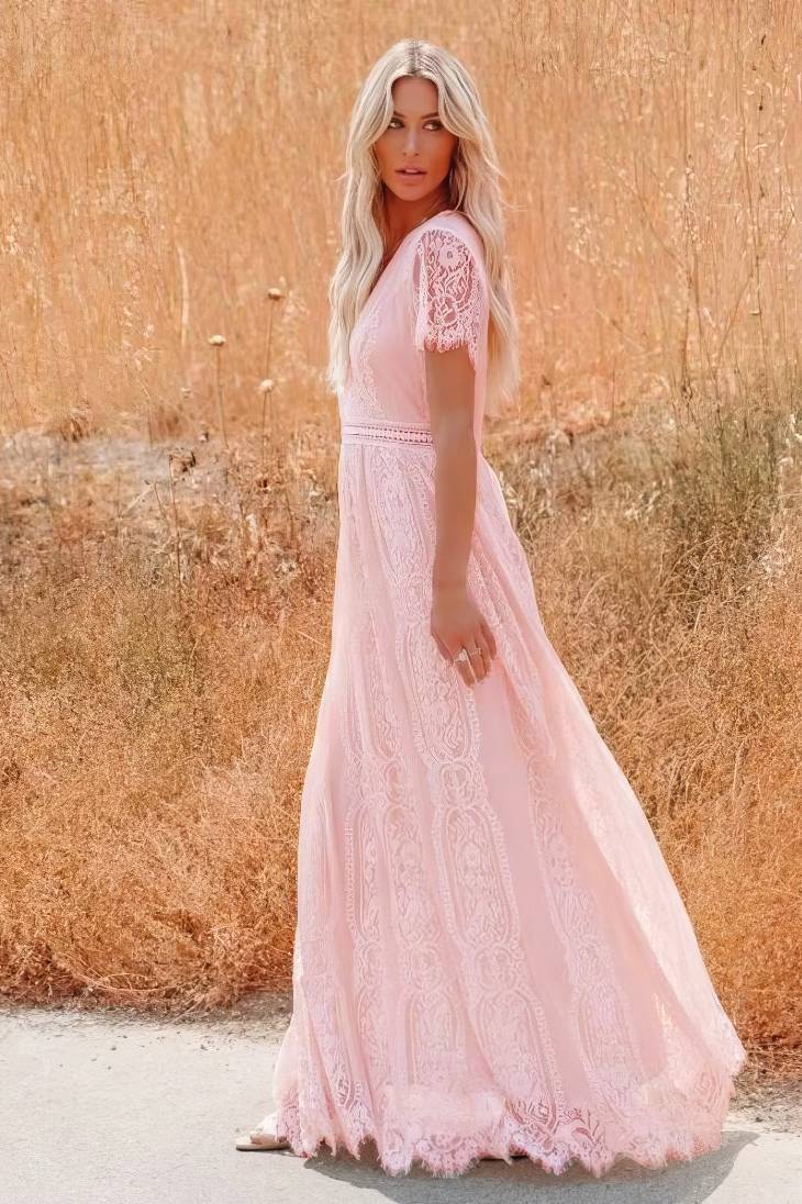 Vestido De Novia Largo De Encaje Escote En V Manga Corta Estilo Boho Elegante