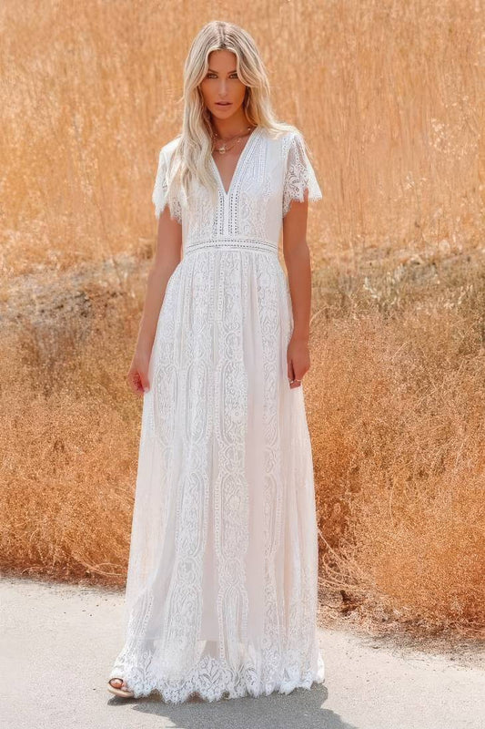 Vestido De Novia Largo De Encaje Escote En V Manga Corta Estilo Boho Elegante