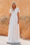 Vestido De Novia Largo De Encaje Escote En V Manga Corta Estilo Boho Elegante