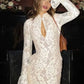 Vestido Encaje Mini Ajustado Manga Larga Escote Profundo