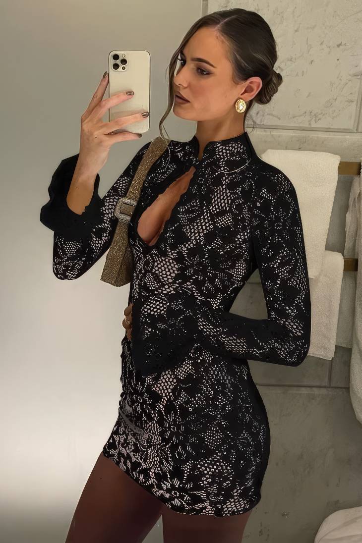 Vestido Encaje Mini Ajustado Manga Larga Escote Profundo