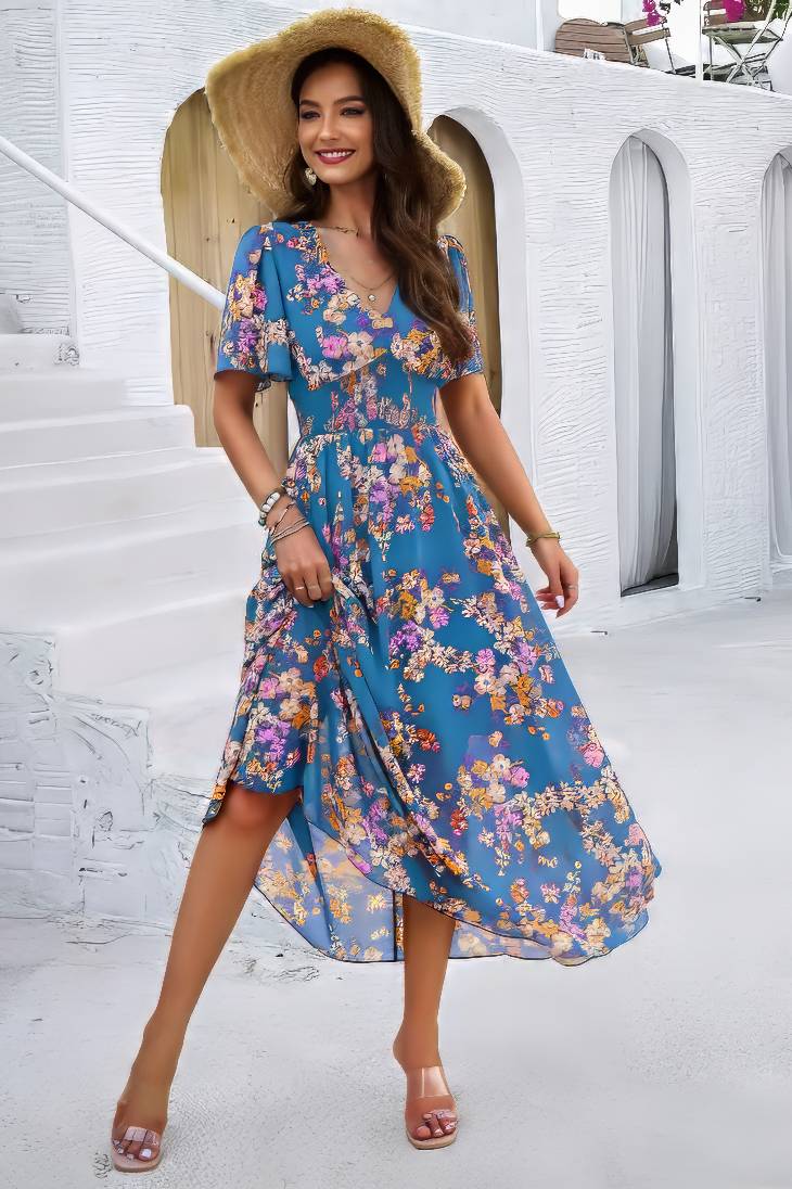 Vestido Floral Cuello En V Manga Corta Cintura Ajustada Boho Verano