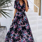 Vestido Floral Cuello En V Manga Corta Cintura Ajustada Boho Verano