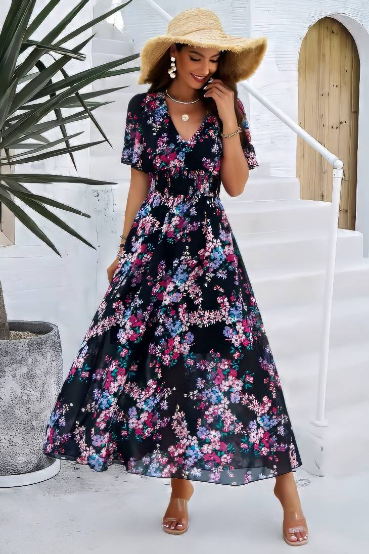Vestido Floral Cuello En V Manga Corta Cintura Ajustada Boho Verano