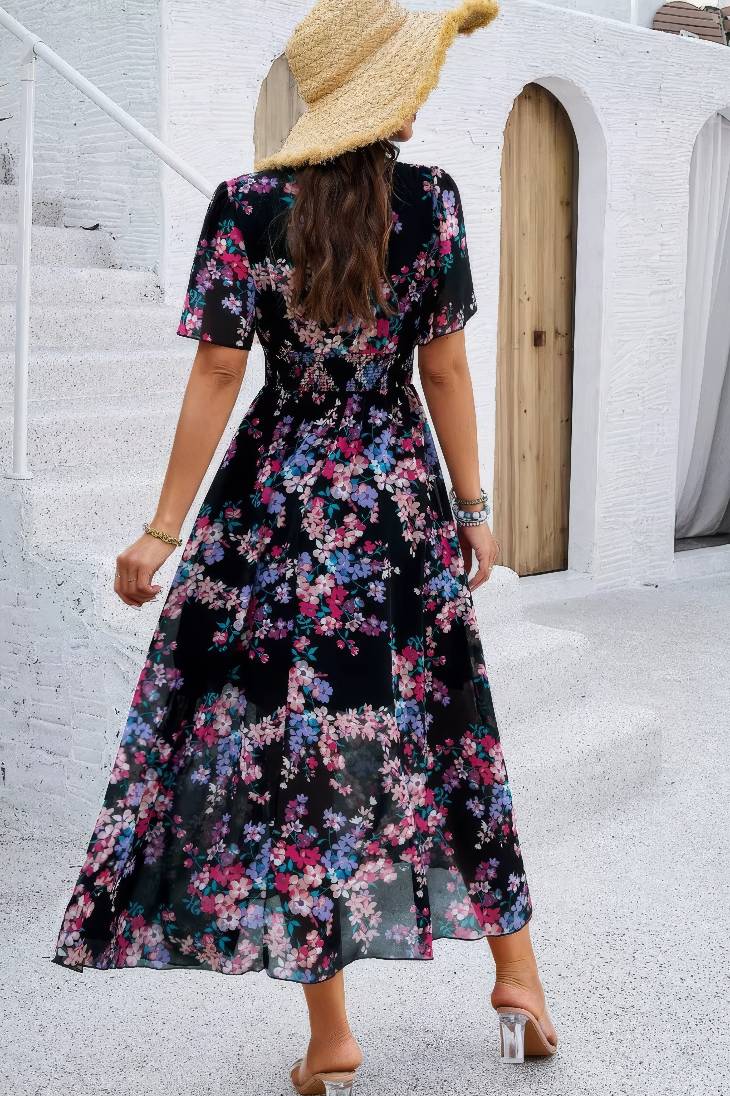 Vestido Floral Cuello En V Manga Corta Cintura Ajustada Boho Verano
