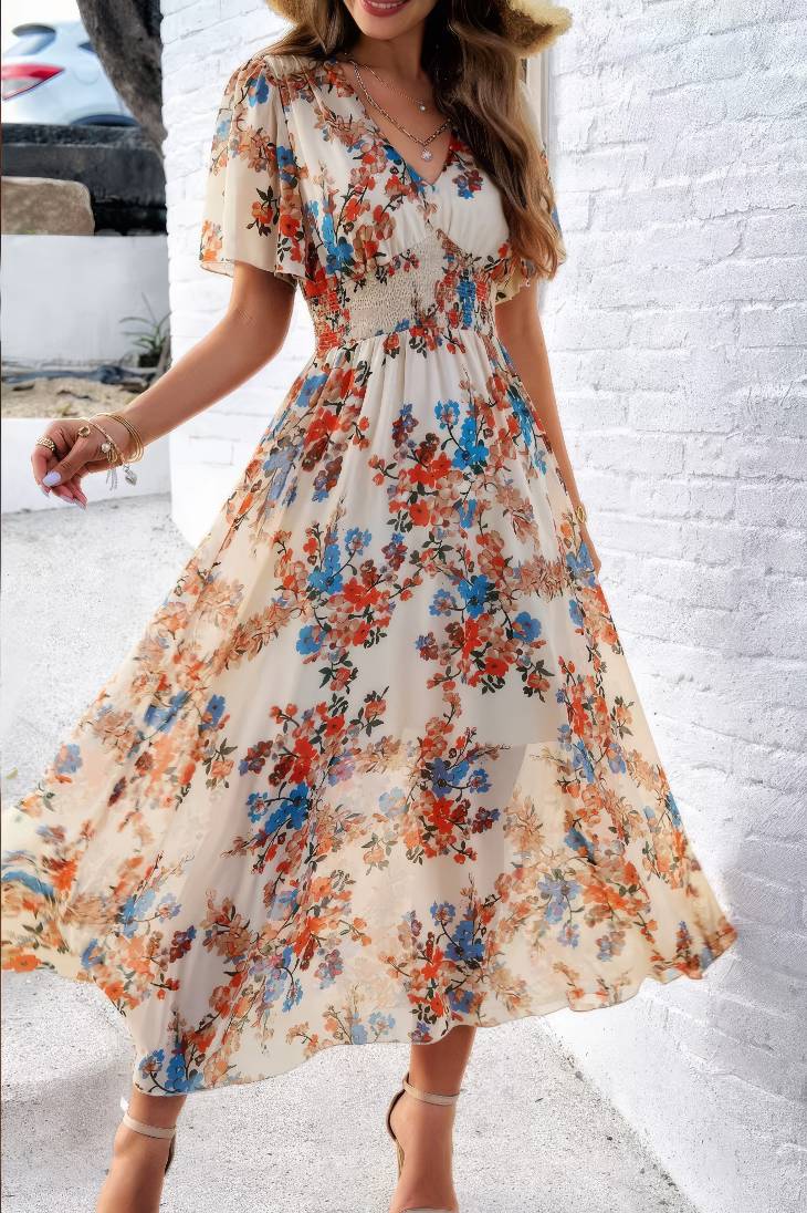 Vestido Floral Cuello En V Manga Corta Cintura Ajustada Boho Verano