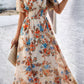 Vestido Floral Cuello En V Manga Corta Cintura Ajustada Boho Verano