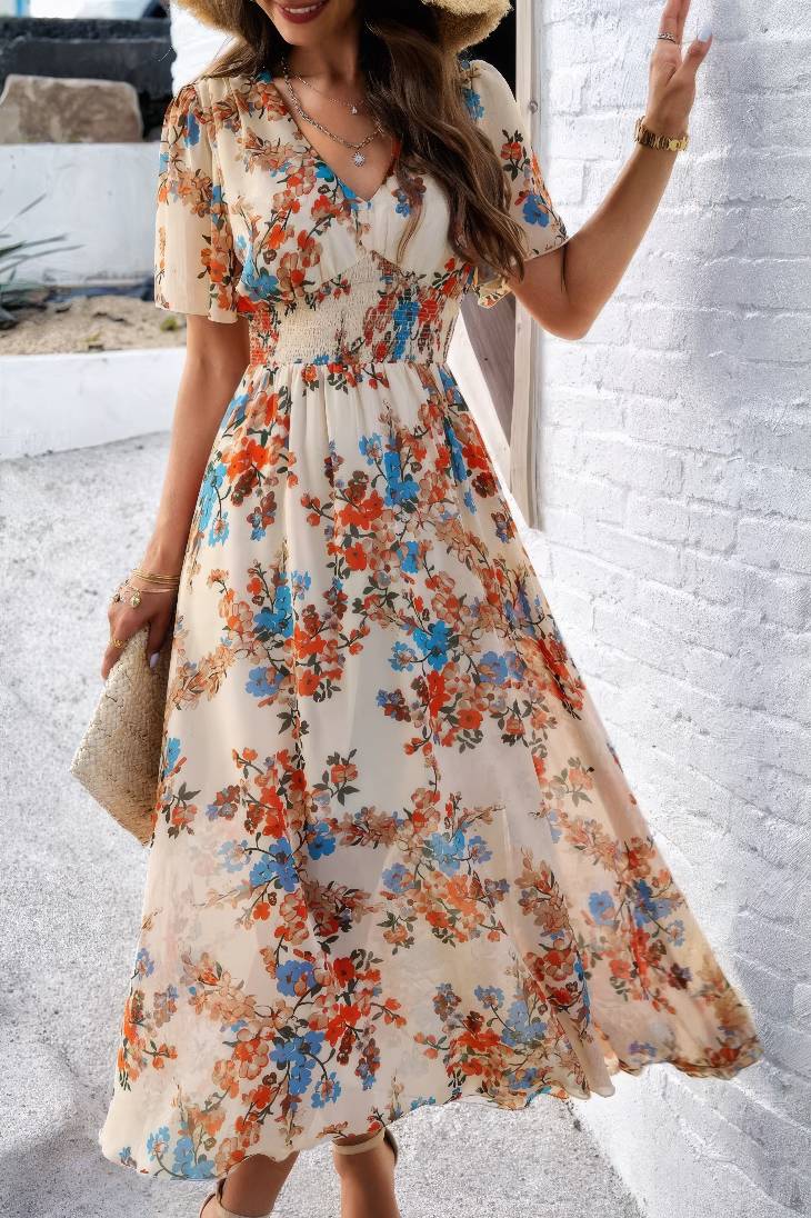 Vestido Floral Cuello En V Manga Corta Cintura Ajustada Boho Verano