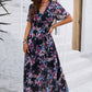 Vestido Floral Cuello En V Manga Corta Cintura Ajustada Boho Verano
