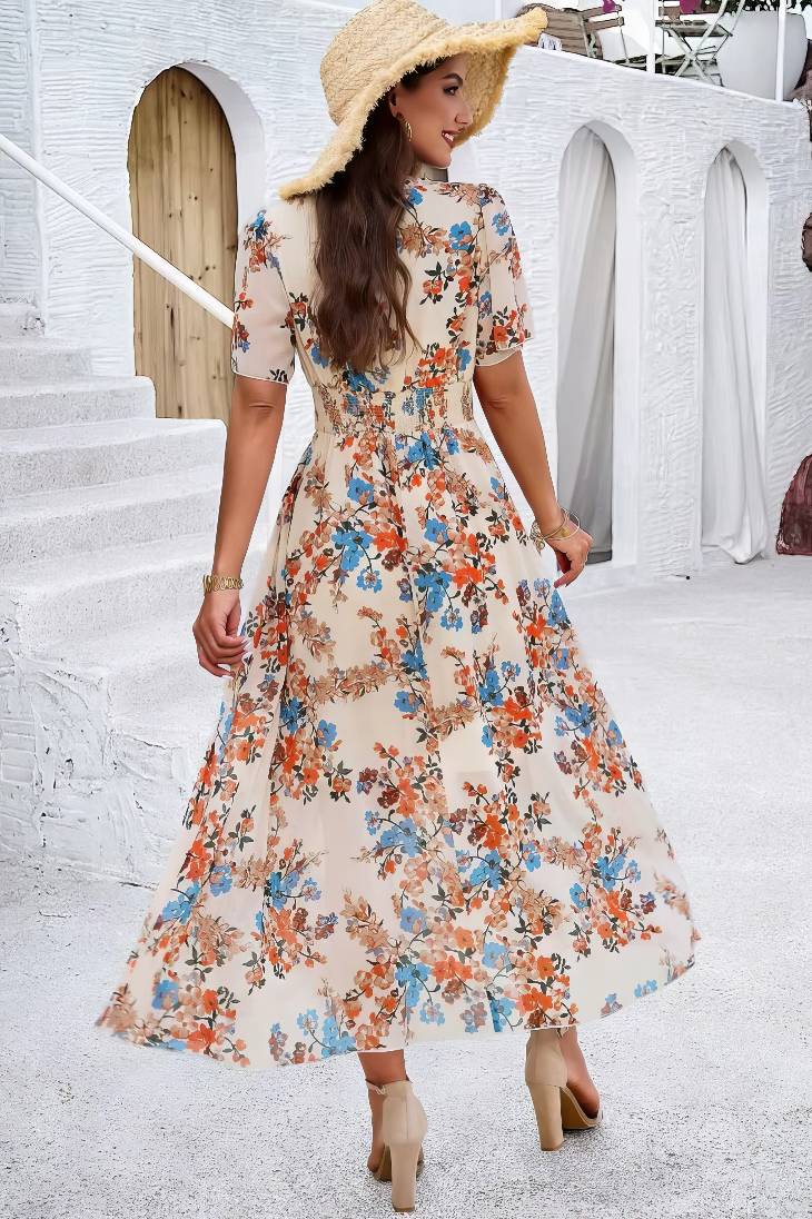 Vestido Floral Cuello En V Manga Corta Cintura Ajustada Boho Verano