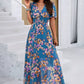 Vestido Floral Cuello En V Manga Corta Cintura Ajustada Boho Verano
