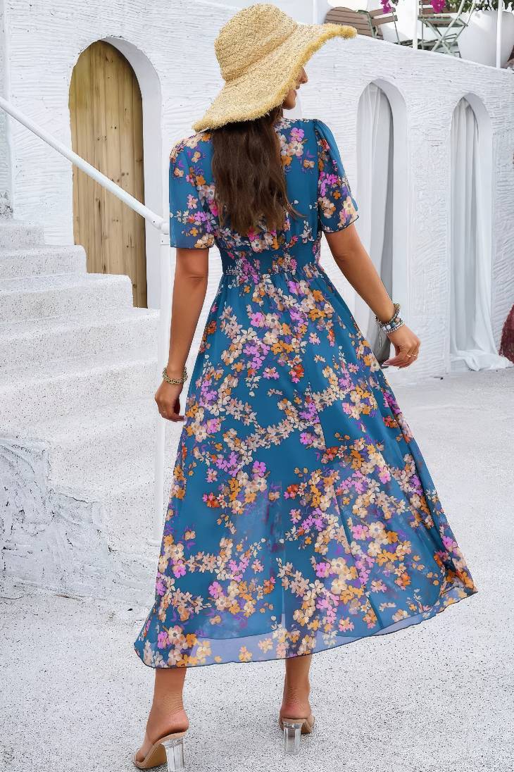 Vestido Floral Cuello En V Manga Corta Cintura Ajustada Boho Verano