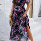 Vestido Floral Cuello En V Manga Corta Cintura Ajustada Boho Verano