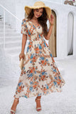 Vestido Floral Cuello En V Manga Corta Cintura Ajustada Boho Verano