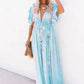 Vestido Largo Azul Claro Escote En V Manga Corta Amplia Cintura Fruncida Con Botones Boho Verano